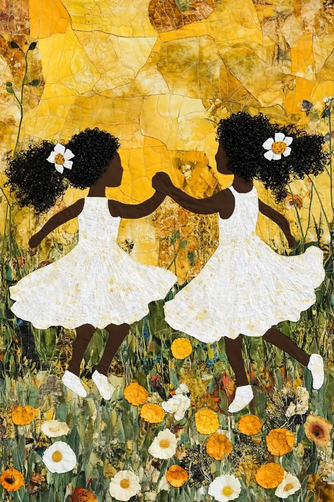 Two young girls in white dresses are twirling in a field of yellow and white flowers. Their dresses are made of a white fabric with a small floral pattern. The girls have dark skin and curly black hair. The background is a patchwork of yellow and green.  The artwork seems to be a celebration of childhood and joy.  The use of fabric and flowers creates a soft and whimsical feel.