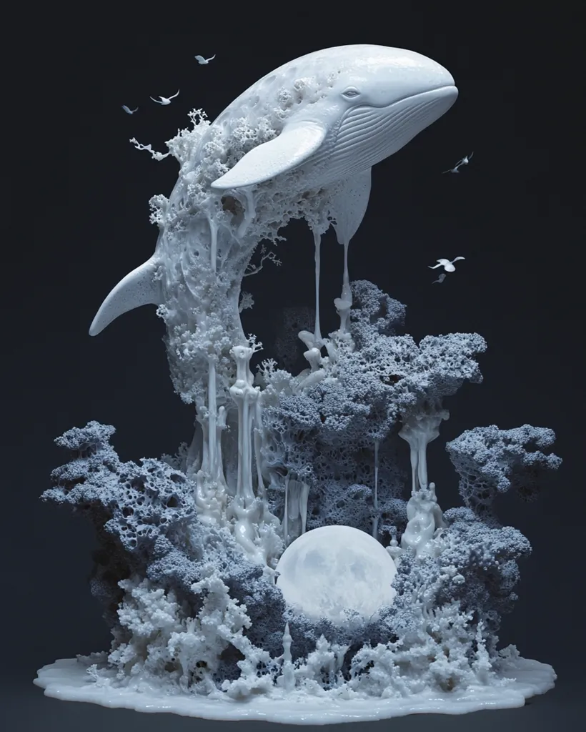 A white whale sculpture, seemingly melting and dripping, is perched on a  coral reef-like structure. It's surrounded by a circular, full moon and several small birds in flight, creating an ethereal and dreamlike scene. The sculpture is cast against a dark background, emphasizing the white color scheme.  The artwork appears to be made from ceramic or porcelain and evokes a sense of surrealism and otherworldliness.