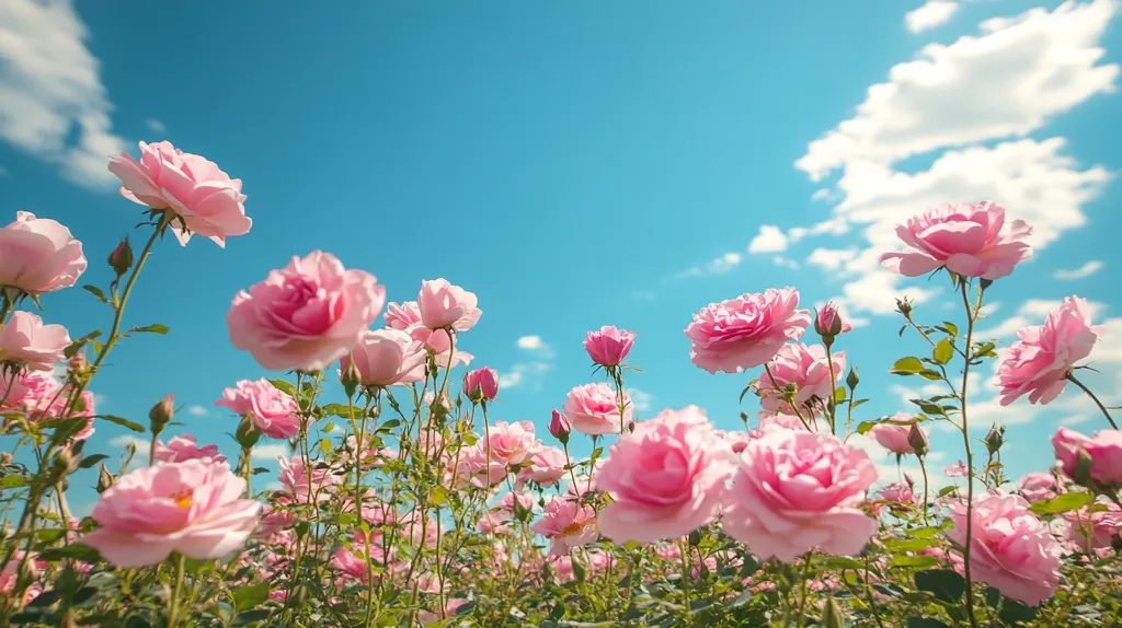 A field of pink roses blooms under a bright blue sky with fluffy white clouds. The roses are in various stages of bloom, with some fully open and others still in bud. The green leaves of the roses add a touch of vibrancy to the scene. The image evokes a sense of beauty, peace, and tranquility.