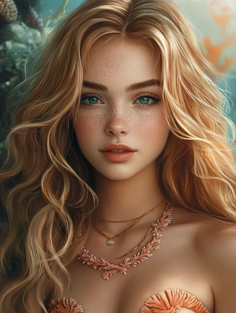 A young woman with long, flowing blonde hair and a delicate face stares directly at the viewer. She has light blue eyes, freckles, and is adorned with gold necklaces and coral jewelry. Her skin is soft and smooth, and she is framed by a backdrop of natural elements.  The image evokes a sense of ethereal beauty and tranquility.