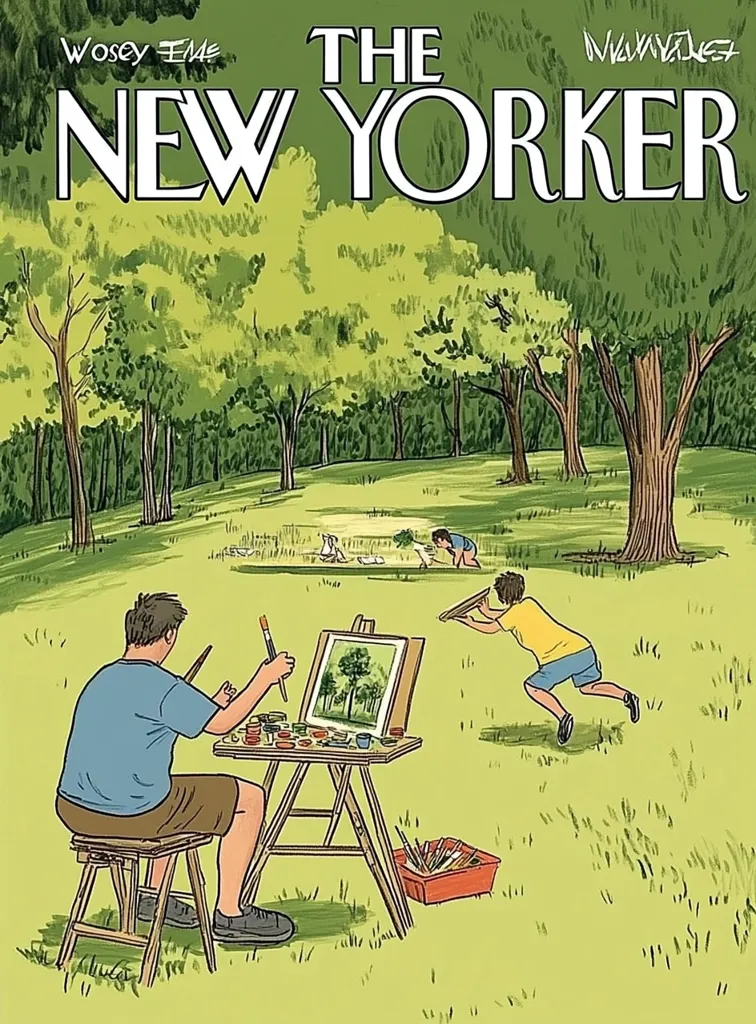 The cover of The New Yorker features a man painting in a forest clearing. He is seated on a stool, using a brush to paint on a canvas that depicts a forest scene. In the distance, two figures are playing in the woods. The background is a lush green forest, with sunlight filtering through the trees. The artwork is drawn in a simple style with bold colors and outlines. The cover title "The New Yorker" is prominent at the top of the image.