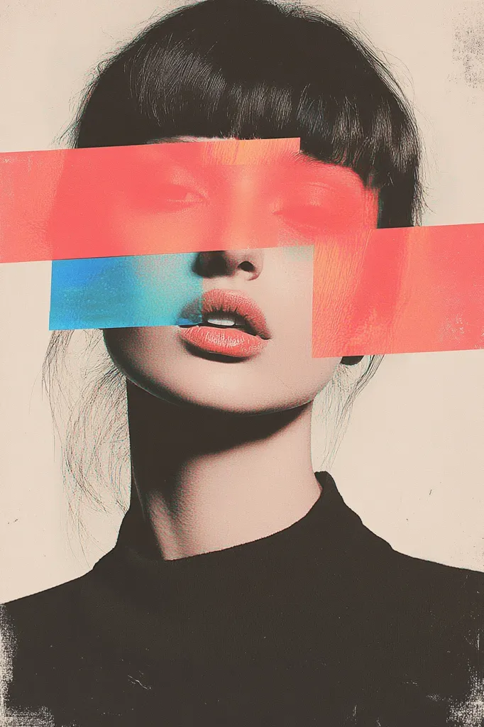 The image features a woman with a bold black fringe and a black turtleneck. She is looking directly at the camera, her eyes covered by colorful, geometric shapes. The background is a muted beige with a subtle texture, adding a sense of mystery and depth. The vibrant colors of the shapes contrast sharply with the muted tones of the background, creating a visually striking effect. The overall mood of the image is one of intrigue and mystery, suggesting a hidden story waiting to be unveiled.