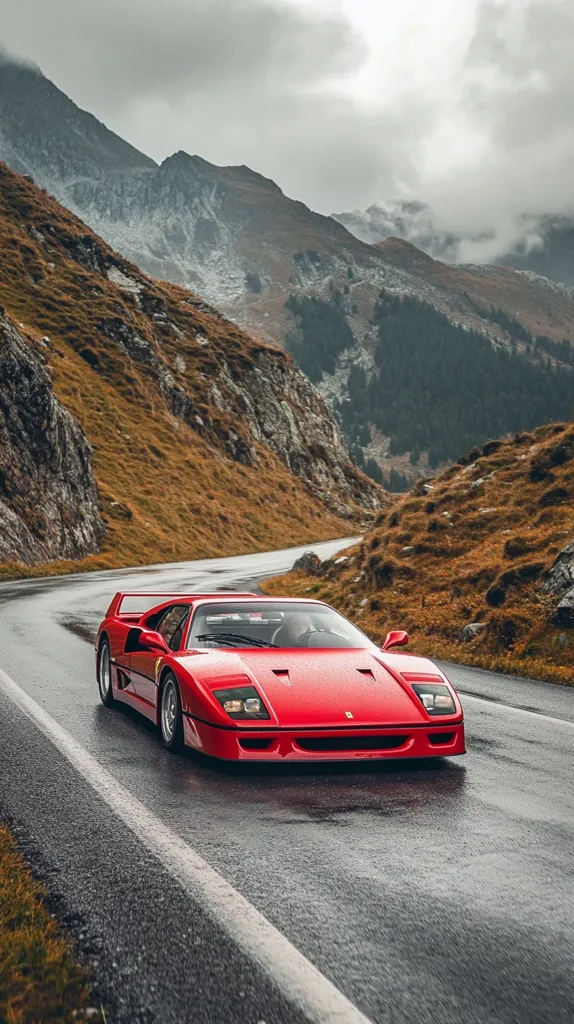 A classic red Ferrari F40 sports car drives along a winding mountain road. The road is wet from rain, and the car is moving slowly, perhaps enjoying the scenery. The car is sleek and powerful, and the mountains in the background are majestic and imposing. The overall image is one of beauty, power, and freedom.