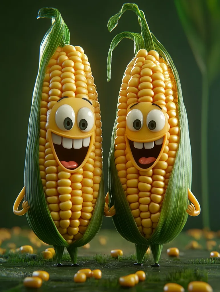 Two cartoon corn cobs with big smiles and googly eyes stand on a green surface with scattered corn kernels. Their husks are pulled back, revealing the yellow kernels, and they both have small arms and legs.  The image is brightly lit and the corn is rendered with a smooth, almost plastic-like texture. The overall tone is playful and humorous.