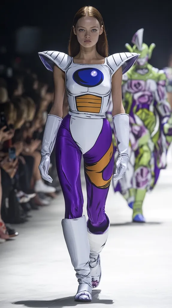 A female model walks the runway in a white and purple, anime-inspired costume, complete with a large, blue eye on the chest and white boots. The model's long, dark hair is straight and falls to her shoulders.  Behind her, a green and pink figure walks in the same costume. The runway is white.  A crowd of spectators can be seen in the background.