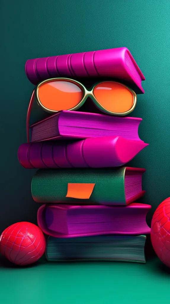 A stack of six colorful books, mostly pink and purple, are on a teal surface. An orange pair of sunglasses sits on the top book, and a red ball is to the right of the stack. The books have a glossy finish and appear to be made of a soft, rubbery material. The overall image is playful and whimsical, with a retro feel.