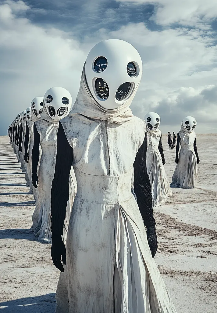 A line of figures in white robes and large, white, multi-eyed helmets walk across a barren, white landscape. The figures have a hauntingly uniform appearance, their white robes flowing in the wind. The only color in the scene is the sky, a pale blue with wispy clouds. The figures seem to be walking towards the horizon, creating a sense of mystery and otherworldly intrigue. The image evokes a feeling of isolation and a sense of the unknown.