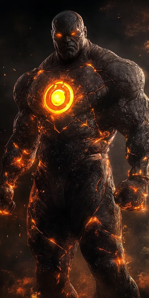 The image depicts a muscular, humanoid figure made of molten rock. Its body glows with an inner fire, emanating from its chest where a glowing orange symbol is embedded. The figure's face is hardened with a fierce expression, its eyes burning with an intense orange light. The background is a dark expanse with hints of smoke and fire, suggesting a fiery and chaotic environment.
