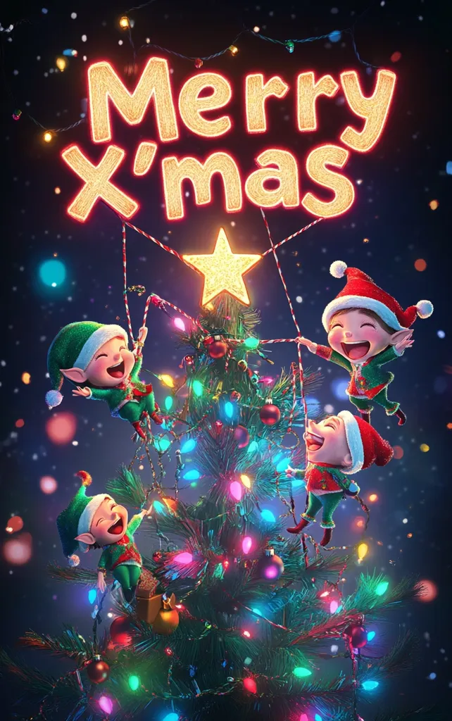 A festive Christmas scene with three adorable elves decorating a Christmas tree. The tree is adorned with colorful lights and a star on top.  The elves are all smiling and having fun. The words "Merry X'mas" are displayed in glowing letters above the tree, creating a magical and celebratory atmosphere.