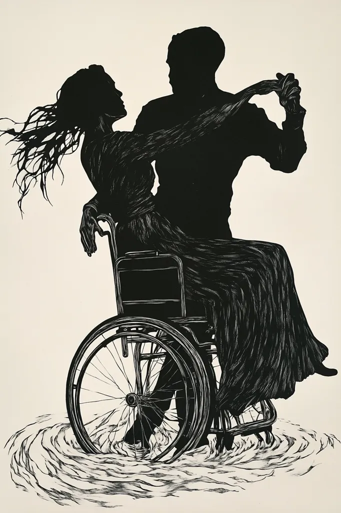 The image is a black and white illustration of a couple dancing. The woman is in a wheelchair, and the man is holding her close as they spin. The woman's hair is flowing behind her, and the wheelchair's tire is submerged in water, creating a splash. The image is rendered in a detailed, almost scratchy style, giving it a textured look.  The overall feeling is one of love, determination, and overcoming adversity.