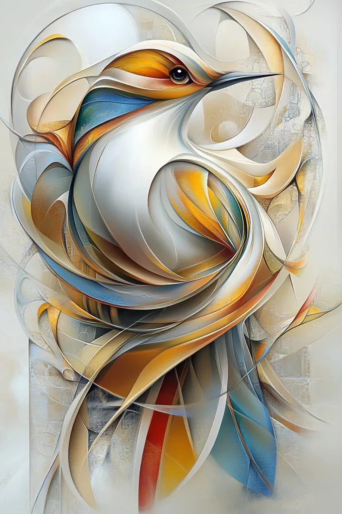 The image is an abstract painting of a bird with bright colours. The bird is rendered in a style that is reminiscent of both cubism and art nouveau, with its body being made up of a series of overlapping, geometric shapes. The bird is depicted against a white background. The colours used are rich and vibrant, and the painting is full of movement and energy.  The image is very abstract and makes use of flowing lines and shapes to create a sense of movement and energy.  The colours in the image are vibrant and bold, and the overall effect is one of both beauty and complexity.
