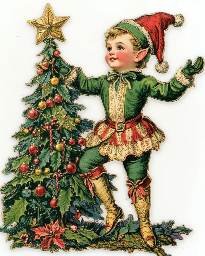 A cheerful Christmas elf, wearing a green and red outfit and a pointy hat, stands beside a beautifully decorated Christmas tree. The elf's face is lit up with a smile as they reach out to touch the tree, which is adorned with red and gold ornaments, holly, and candy canes. The image is a classic example of Victorian Christmas imagery, with a whimsical and joyful feel.