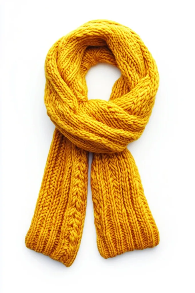 A thick, yellow knitted scarf is laid out on a white background. The scarf is made of a chunky yarn and has a cable knit pattern. It is folded in half and the ends are hanging down, giving the impression of a loop. The scarf has a warm and cozy look and would be perfect for keeping warm in the winter.