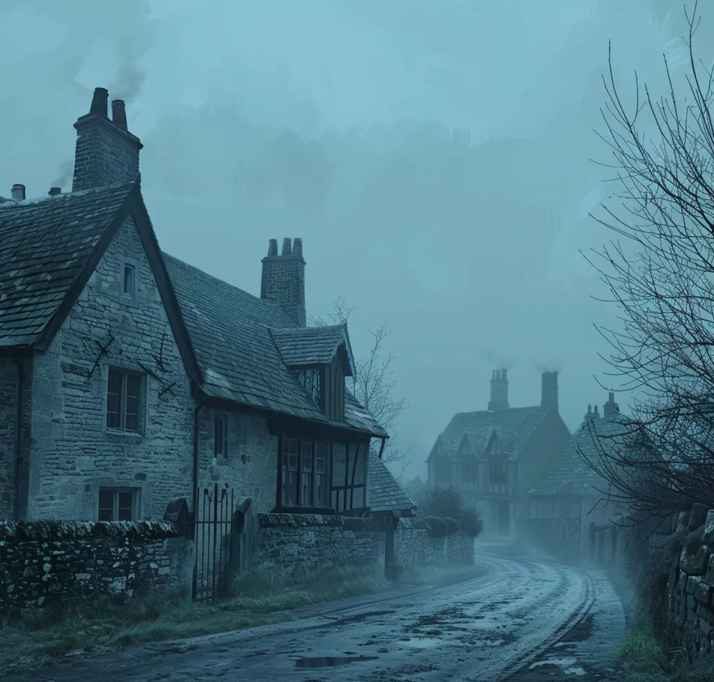 The image shows a misty, eerie scene of a quaint village street lined with stone cottages. The fog swirls around the buildings, creating a sense of mystery and isolation. The street winds its way through the village, disappearing into the thick fog. The image evokes a sense of both beauty and unease.  The muted color palette and the absence of people add to the mysterious atmosphere.