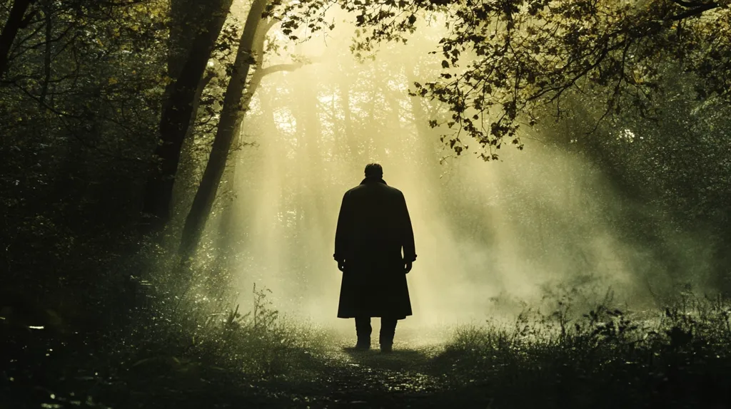 The image depicts a solitary figure in a long coat, walking through a misty forest. The sun's rays pierce through the dense foliage, illuminating the path ahead. The figure's silhouette is stark against the hazy background, creating an ethereal and mysterious atmosphere.  The scene evokes a sense of isolation and introspection.