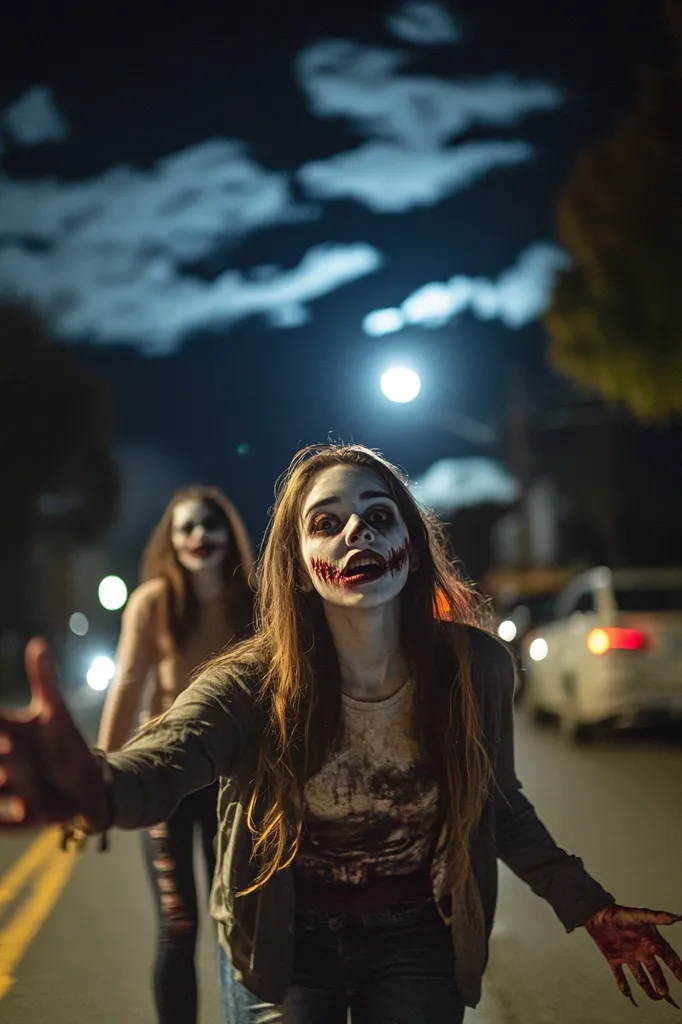 Two young women dressed in Halloween costumes walk down a street at night. Both women have elaborate makeup that makes them look scary. The woman in the foreground has a wide, toothy grin with red, bloody stitches coming from her mouth. She is looking directly at the camera. The other woman is obscured by shadow and her expression is not visible. The street is deserted and the only light comes from the moon and streetlights. The image is spooky and suggestive of a horror movie.