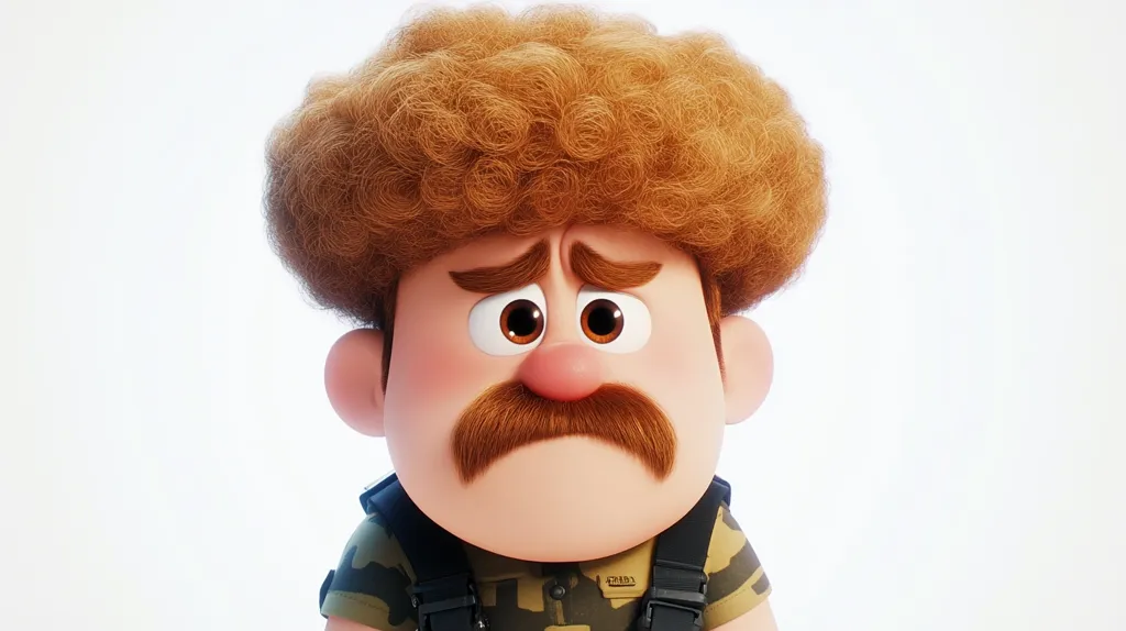 The image shows a cartoon character with a large, bushy, ginger afro. He has a sad expression on his face, with large brown eyes and a downturned mouth. He has a bushy, brown mustache and is wearing a camouflage shirt and harness. He is set against a plain white background.