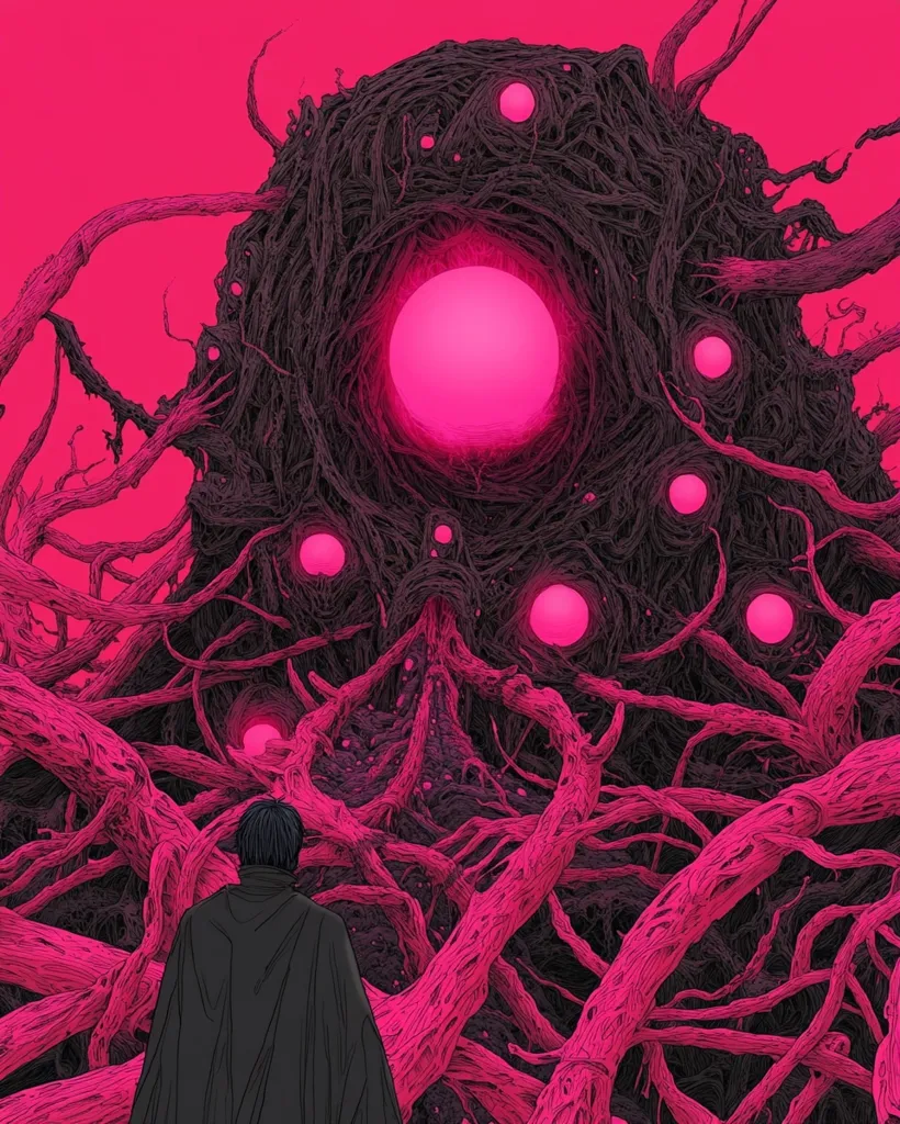 A lone figure stands in front of a massive, intricate, and ominous structure made of intertwining branches and glowing pink orbs. The structure is reminiscent of a giant, abstract tree or a monstrous entity. The figure's small stature in comparison to the structure emphasizes its immense size and power. The scene is filled with a sense of mystery and a feeling of being observed. The image is highly detailed and intricate, creating a surreal and haunting atmosphere.