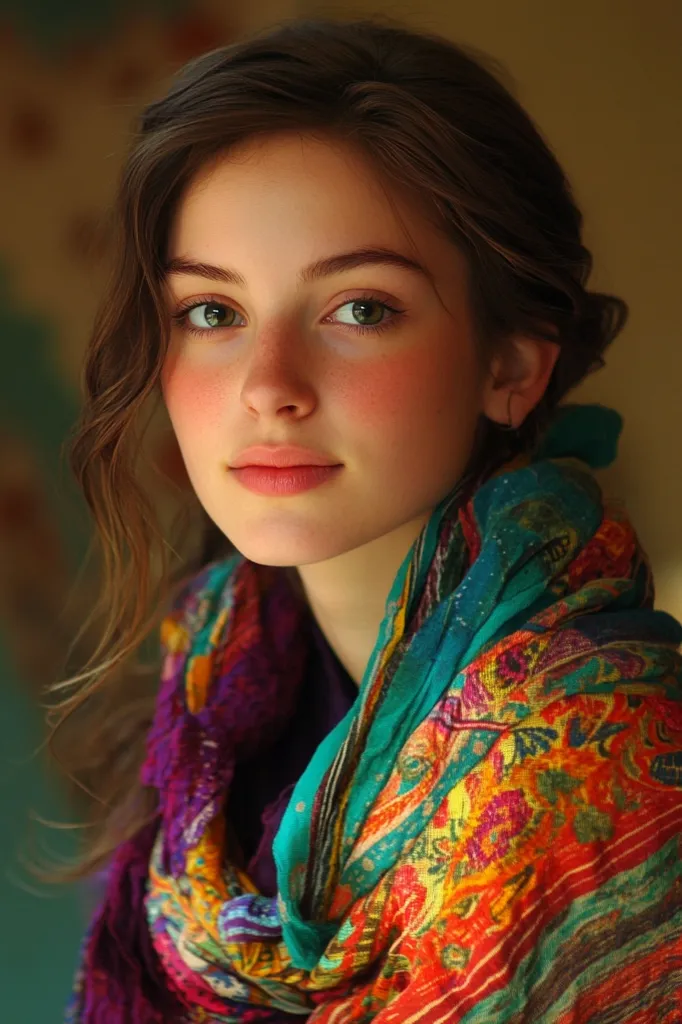 A young woman with long brown hair and rosy cheeks gazes directly at the camera. Her eyes are a striking green and her lips are painted a soft pink. She is wearing a colorful patterned scarf that wraps around her neck and shoulders. The scarf is a mix of teal, red, yellow, and purple, and creates a vibrant contrast against her fair skin.  The background is blurred and out of focus, emphasizing the woman's face as the main subject.  The image evokes a sense of beauty and innocence.