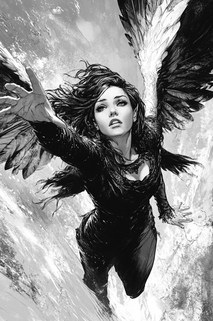 The image is a black and white illustration of a woman with large wings. She is in mid-air, reaching out with her right hand, her body tilted forward as if she is falling or swooping down. Her face is visible, with a determined expression, and her long hair flows behind her. The wings are large and feathery, creating a dramatic contrast against the cloudy background. The overall impression is one of power and movement, suggesting a sense of flight and freedom.