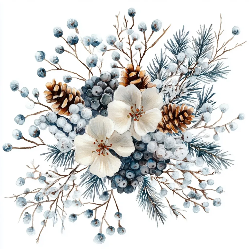 A watercolor painting depicts a wintery floral arrangement. Two delicate white flowers with yellow centers are surrounded by sprigs of blue berries and pine needles. The brown pine cones add a touch of warmth to the cool, snowy scene. The artwork captures the beauty and tranquility of winter.