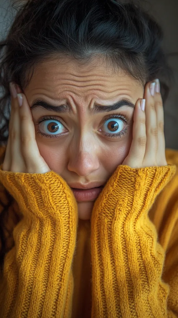 A young woman with dark hair is wearing a yellow sweater. She is holding her face with both hands, her eyes are wide with fear, and her mouth is slightly open. Her eyebrows are furrowed and her forehead is creased. She appears to be in a state of shock or distress. The lighting is soft and the background is blurred.