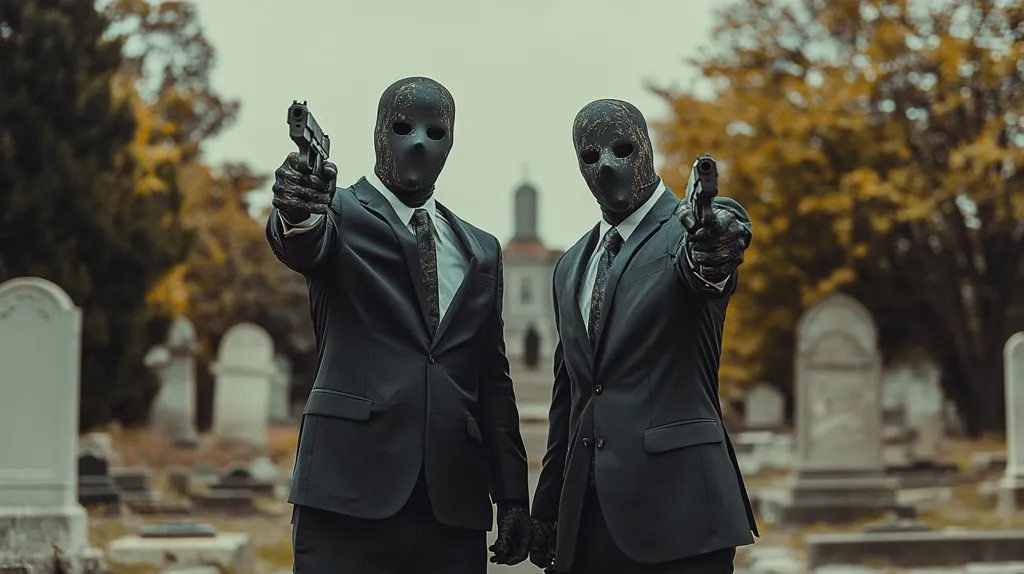 Two men in black suits and masks stand in front of a graveyard, both holding handguns. The men are standing in a menacing pose with their guns pointed at the viewer, creating a sense of danger and mystery. The background is a blurry image of tombstones, and the overall mood is dark and ominous.  The image evokes themes of death, violence, and secrecy.