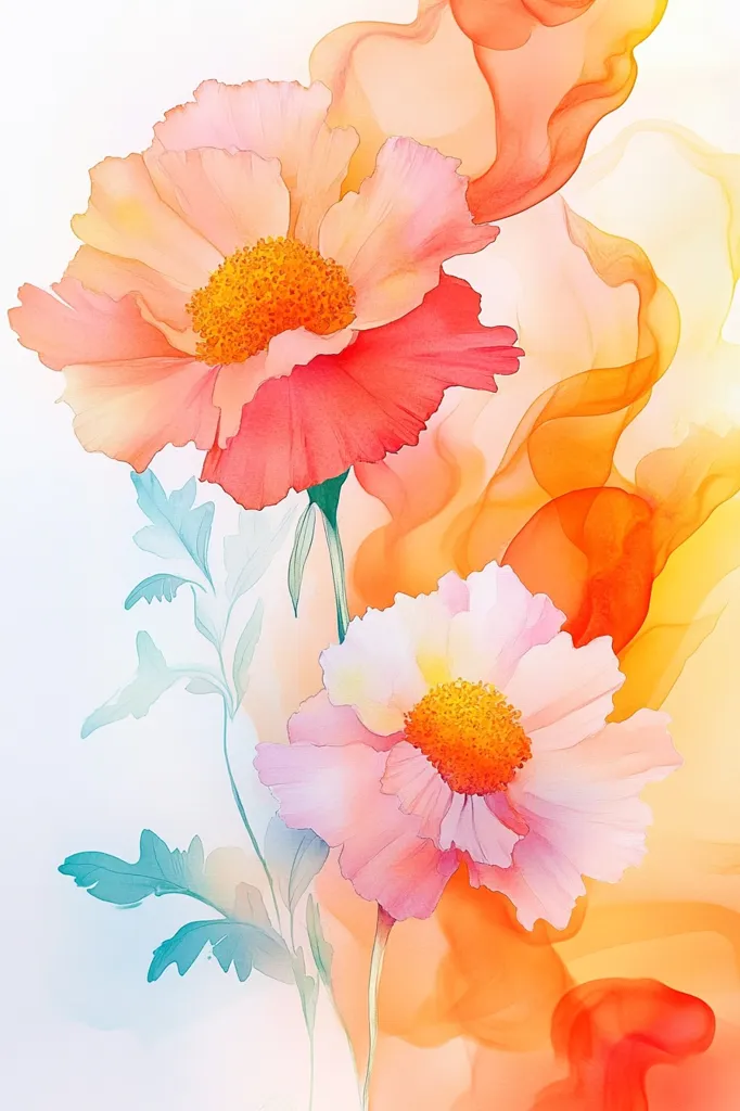 The image is a watercolor painting of two flowers, one pink and one orange, with flowing orange and yellow hues in the background. The flowers are in the foreground, while the background is made of wispy, abstract shapes that evoke a sense of movement. The colors are soft and pastel, creating a delicate and ethereal atmosphere. The image is a celebration of nature's beauty and the artistry of watercolor.