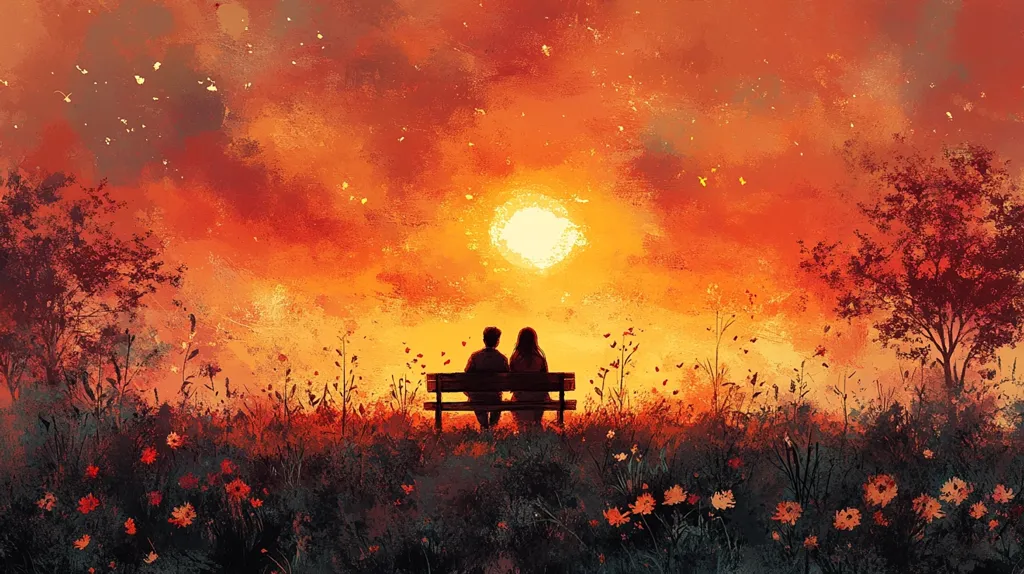 A couple sits on a bench in a field of wildflowers. The sunset is behind them, with an orange and yellow sky. There is a large tree to the right of the couple, and several smaller trees and shrubs in the background. The scene is painted in a soft, impressionistic style.