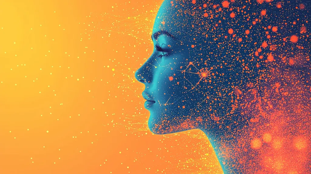 The image is an abstract digital portrait of a person's face in profile.  The face is blue and has a scattering of orange and red spots across it, resembling stars in a galaxy. The background is a yellow to orange gradient with scattered dots and streaks of color, echoing the galaxy motif. It conveys a sense of mystery and imagination.