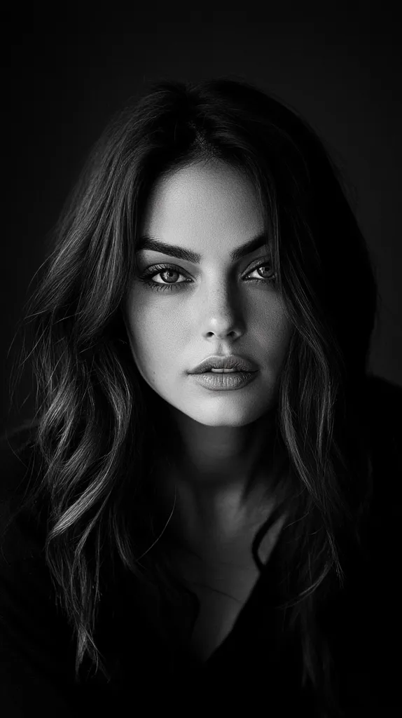 A black and white portrait of a woman with long, dark hair. Her face is the focal point, with her eyes looking directly at the camera, and her lips slightly parted. The lighting is dramatic, highlighting the contours of her face.  She appears to be wearing minimal makeup, emphasizing her natural beauty. The image evokes a sense of mystery and intrigue.