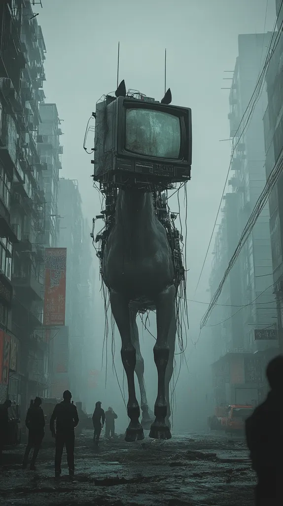 A giant, mechanical horse with a television for a head walks through a deserted, foggy city. The horse's legs are massive and its body is covered in wires and cables. People stand in the street, dwarfed by the creature's size, and the scene feels both surreal and ominous. The image has a dark, cyberpunk aesthetic.