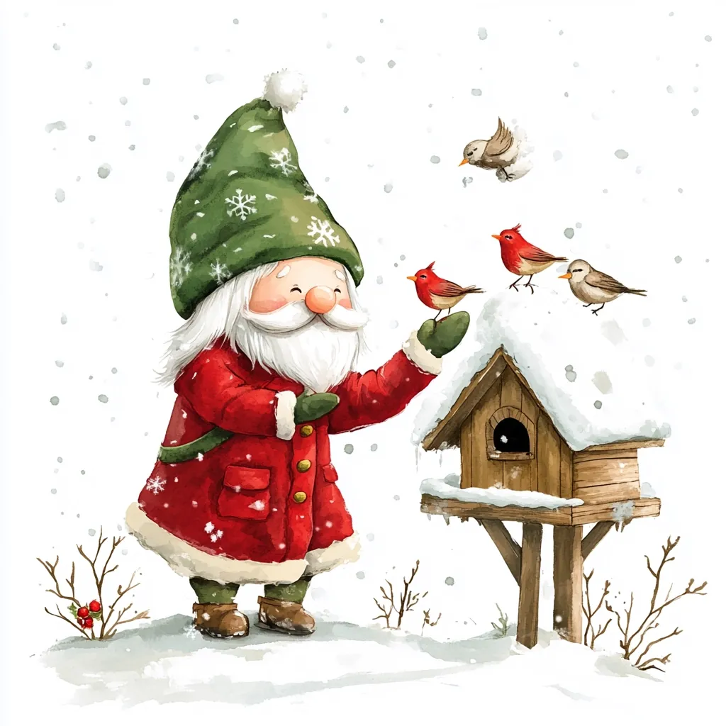 A jolly gnome in a red coat and green hat stands in a snowy landscape, watching as birds flit around a birdhouse. Snowflakes gently fall from the sky, creating a peaceful winter scene. The gnome's kind smile suggests he enjoys the company of the birds. The birdhouse is wooden with a snowy roof, offering a cozy shelter for the birds. The overall image is charming and heartwarming.