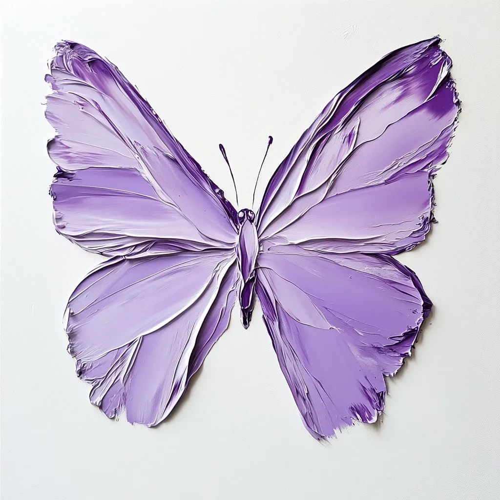 The image is a painting of a lavender butterfly. The butterfly is depicted in a realistic style with its wings spread wide. The painting uses a palette knife technique to create thick, textured layers of paint that give the butterfly a three-dimensional appearance. The background is a simple white, allowing the butterfly to be the central focus of the artwork. The colors are soft and calming, conveying a sense of peace and tranquility. The painting is a beautiful and evocative portrayal of a delicate and graceful creature.