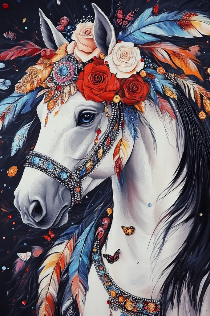 A white horse with a long black mane is adorned with a headdress of colorful feathers, jewels, and roses. The horse has a blue eye and looks to the side, with its head tilted slightly. Butterflies flutter around the horse, adding to the whimsical atmosphere. The background is dark, creating a dramatic contrast.