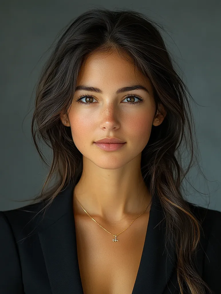 A young woman with long, dark brown hair is wearing a black blazer. Her hair is parted to the side and falls loosely around her shoulders. She is looking directly at the camera with a serious expression.  She is wearing a delicate gold necklace with a small pendant. The background is a plain gray wall. The image is a close-up and focuses on her face and upper body.  The lighting is soft and natural, creating a warm and inviting feel.  Her skin is clear and smooth, and her eyes are dark and expressive. The image conveys a sense of confidence and elegance.