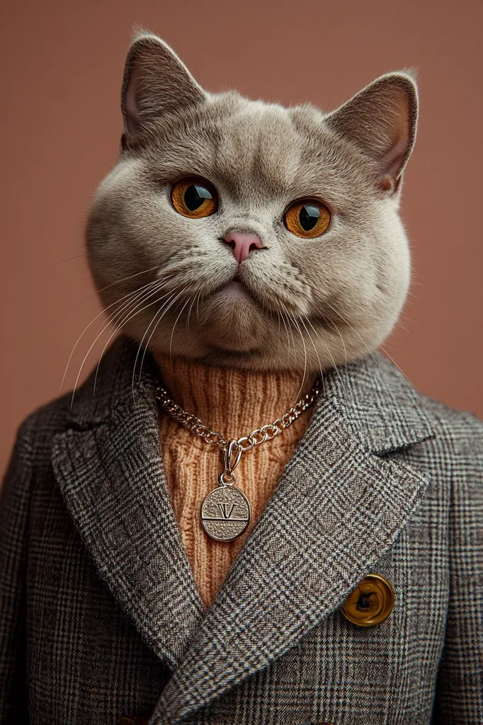 A grey cat with large, round eyes, a pink nose and a serious expression is wearing a grey plaid coat, an orange turtleneck and a silver chain necklace with a round pendant. The cat is looking directly at the camera against a brown background. The image is a humorous, anthropomorphic take on a cat's persona as a stylish gentleman.