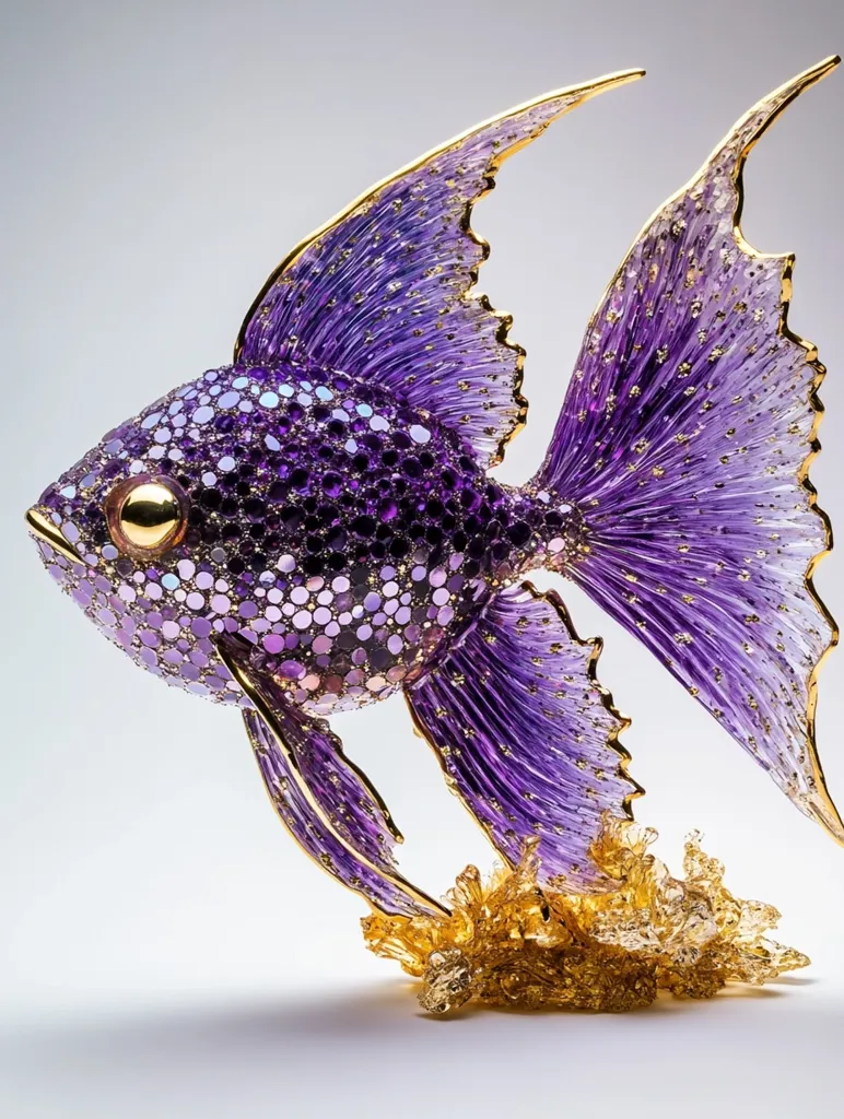A purple glass fish with gold detailing sits on a gold glass coral. It is a detailed and intricate sculpture. The fish's scales are made of tiny, iridescent pieces of glass that shimmer in the light. The fish's fins are delicately curved and its tail is flowing. The coral is realistically sculpted with delicate branches and textures.  The artwork has a whimsical and delicate feel.