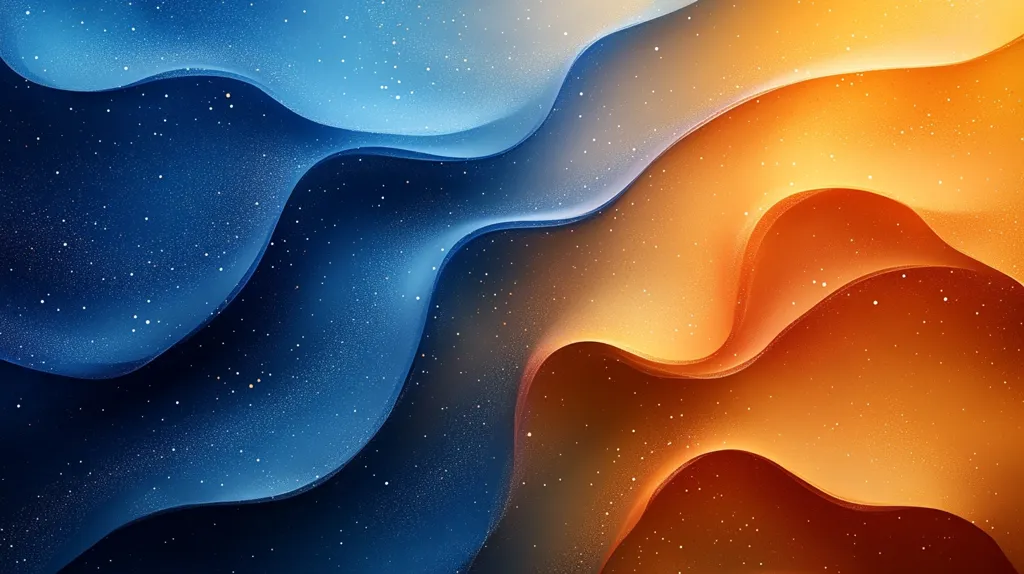 The image features an abstract design with a gradient of blue and orange. The colors transition smoothly, creating a sense of depth and movement. The background is speckled with white dots, reminiscent of stars. The overall effect is one of a celestial landscape with a vibrant, dynamic feel.