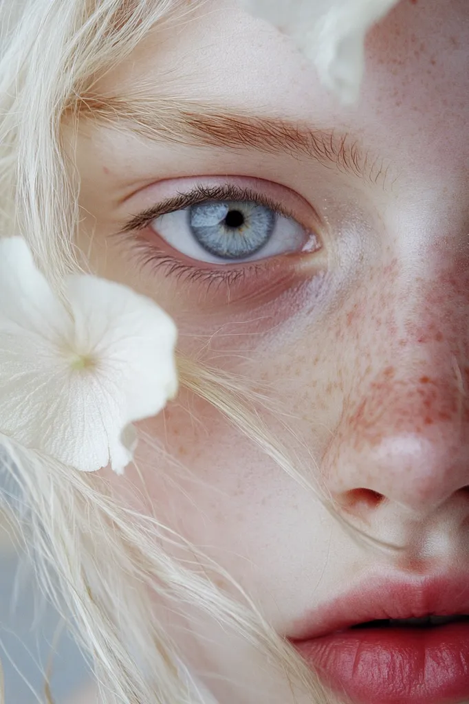 A close-up of a young woman with pale skin and blonde hair. Her blue eyes are looking directly at the camera. Her face is covered in freckles and a white flower is resting on her cheek. Her lips are slightly parted, revealing a hint of pink lipstick. The image is soft and ethereal, capturing the delicate beauty of the subject.