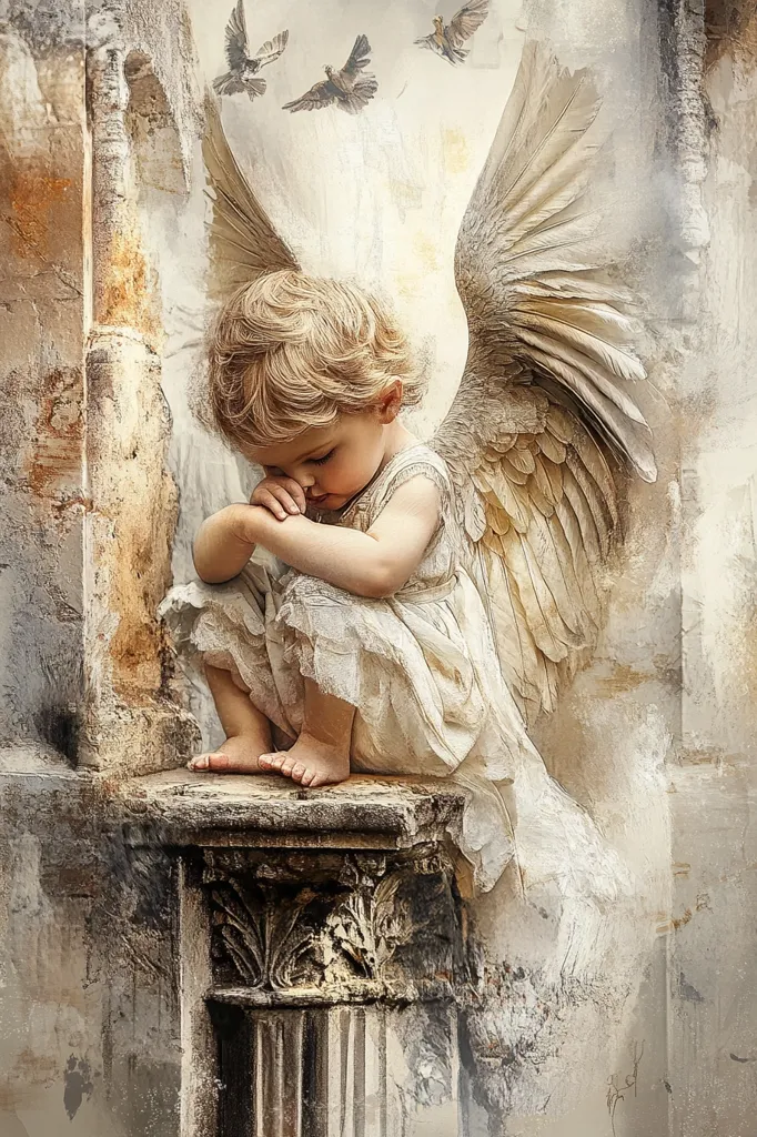 A young girl with delicate wings sits on a stone pillar. She is dressed in a white gown and has her head bowed in prayer. Her eyes are closed and her hands are clasped together. The wings are large and feathery, and they seem to be made of light. The background is a soft, faded color, and there are birds flying in the sky. The image evokes a sense of peace and tranquility.