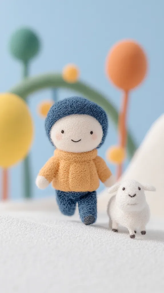 A cute, fuzzy, blue-hooded character in an orange sweater and blue jeans walks on a white, fluffy surface.  The character has a big, toothy smile and rosy cheeks. A white, fluffy sheep with black hooves walks beside them. The backdrop features colorful, abstract shapes, suggesting a whimsical, childlike setting.  The overall image evokes feelings of happiness and joy.