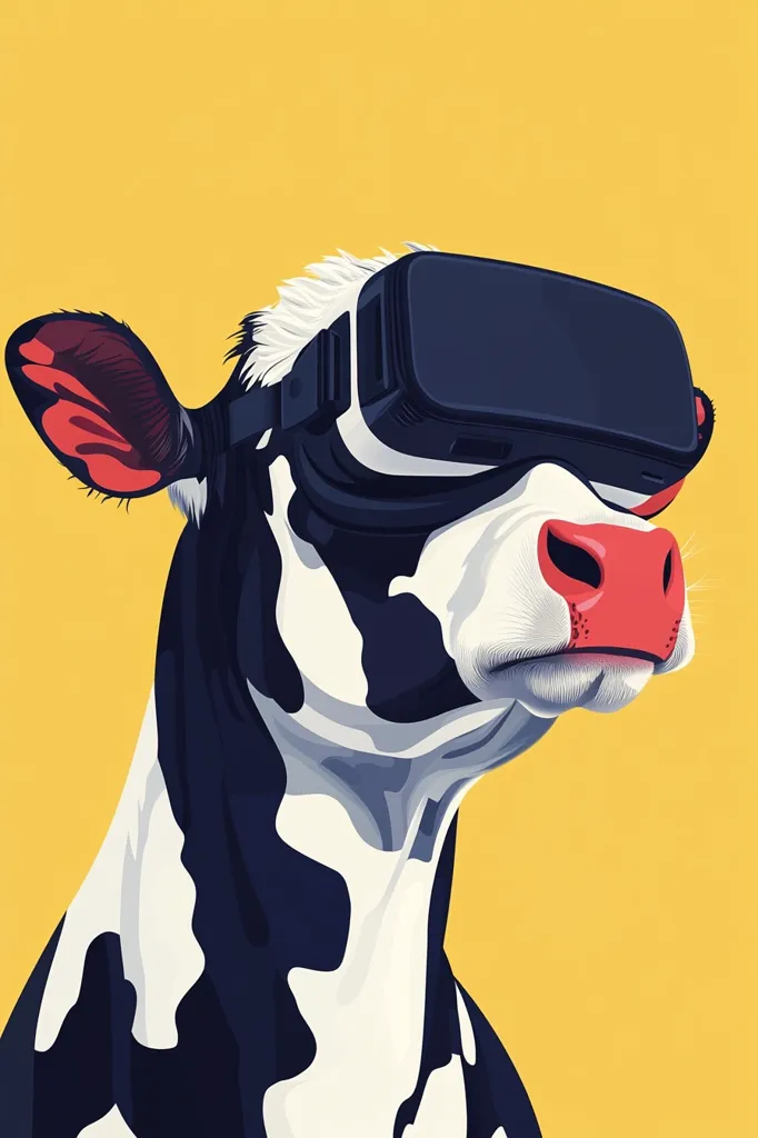 A black and white cow with a red nose is wearing a virtual reality headset. The cow's face is in focus, and the background is a solid yellow color. The cow has a serious expression on its face. The image is a humorous take on technology and animals.  The image is well-composed, and the colors are vibrant.