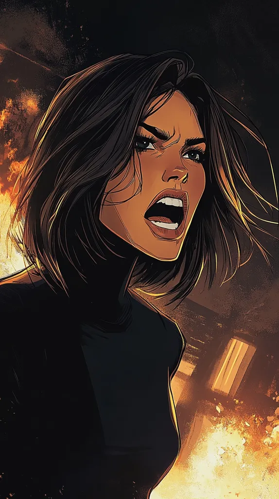 The image shows a woman with dark hair and a fierce expression. She is wearing a black shirt and her mouth is open as if she is shouting. The background is blurry and appears to be a city setting with flames in the distance. The overall mood is intense and dramatic. The woman's eyes are wide with anger or determination.