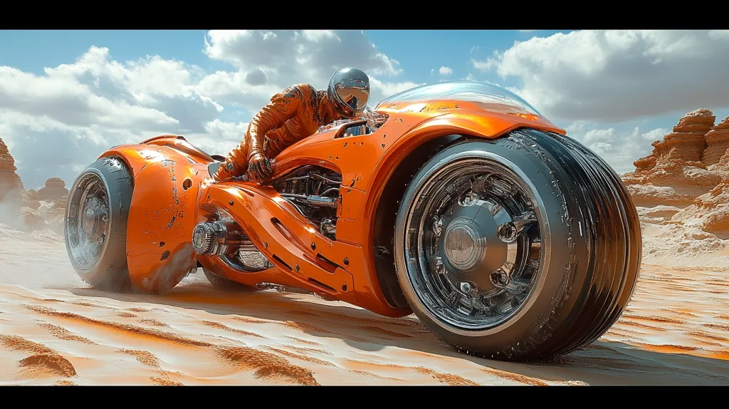 A futuristic, orange motorcycle speeds across a sandy desert landscape. The rider is clad in a brown leather suit and helmet, and the motorcycle's design is sleek and aerodynamic, with large, knobby tires. The sky is a vibrant blue, dotted with fluffy white clouds. The vehicle is leaving a trail of dust in its wake.