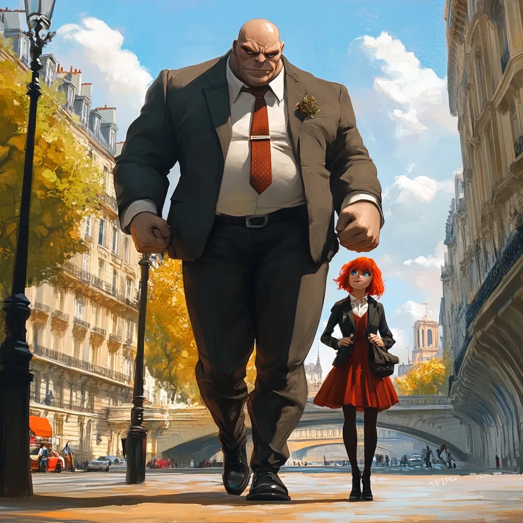 A large, muscular man in a suit walks down a Parisian street, his giant strides dwarfing the petite woman in a red dress walking beside him. The city's architecture, with its intricate details, provides a stunning backdrop to this unusual pair. The man's intense expression and the woman's wide-eyed gaze suggest a story of power dynamics and secrets unfolding within the bustling city.  The image evokes a sense of mystery and intrigue, leaving the viewer to wonder about their relationship and destination.