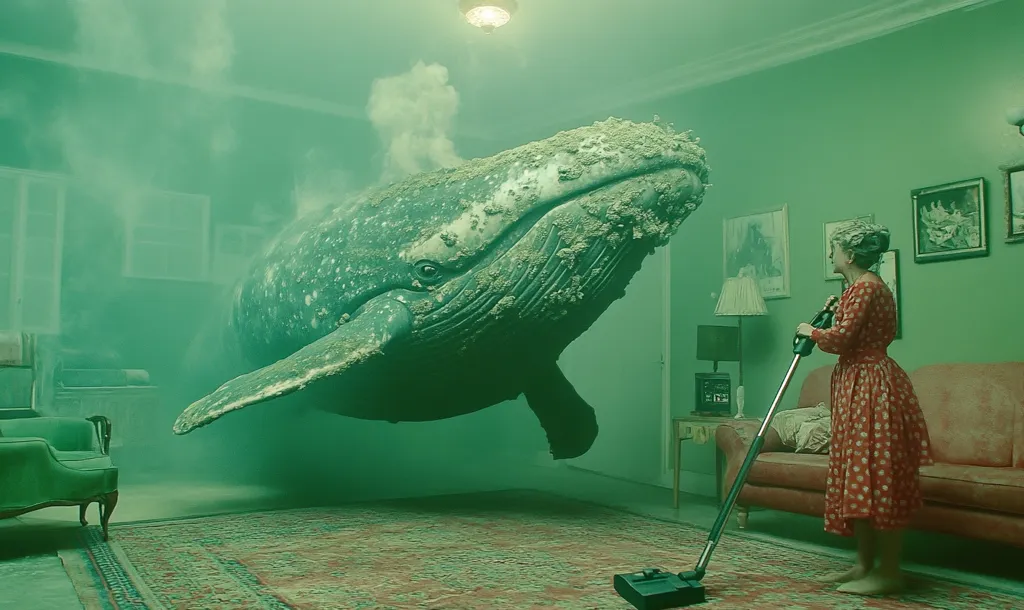 A large whale floats in a living room, its body partially submerged in the green mist that fills the room. A woman in a red dress vacuums the carpet, seemingly unfazed by the presence of the whale. The room is decorated with a couch and a coffee table. The scene is surreal and dreamlike.