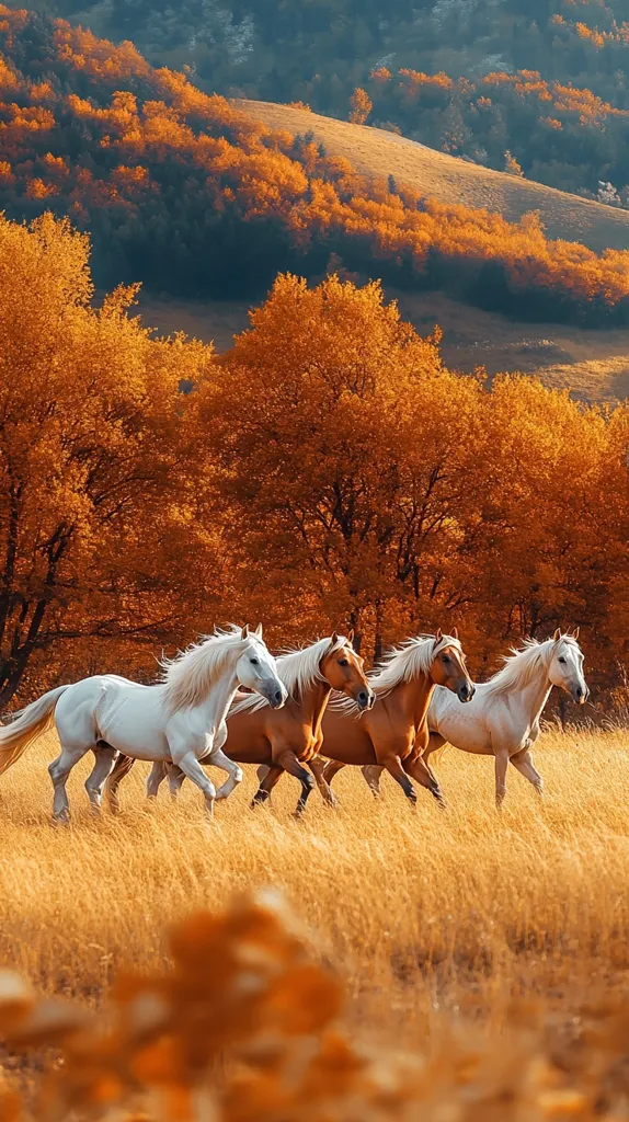 Four horses run through a field of tall, dry grass. The horses are white and brown, and the field is surrounded by hills covered in golden leaves. The background is a blur of fall foliage, adding a sense of depth and beauty to the scene. The image captures a moment of freedom and movement as the horses gallop across the autumnal landscape.