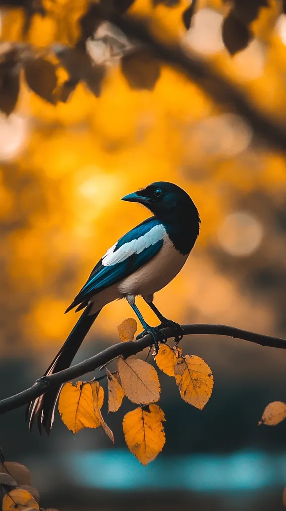 A black and white magpie with a teal chest sits on a branch with yellow autumn leaves, perched against a warm yellow and orange background. The bird's sharp black eyes and sharp beak are visible as it looks to its right. The bokeh effect creates a soft and dreamy atmosphere.  The image captures a moment of tranquility and beauty in nature.