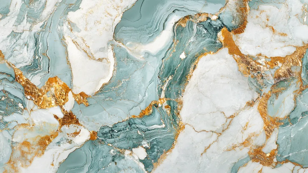 The image is a close-up of a marble surface. The marble is a mix of white, grey, and blue with veins of gold running through it. The image is abstract and has a calming, elegant feel. It could be used as a background or as a design element. The marbling is uneven and creates an intricate pattern that is both organic and modern. The gold veins add a touch of luxury and sophistication. The surface is smooth and polished, reflecting light and creating a shimmering effect.